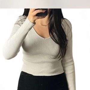 Cream Ribbed V-Neck Sweater long sleeve Top